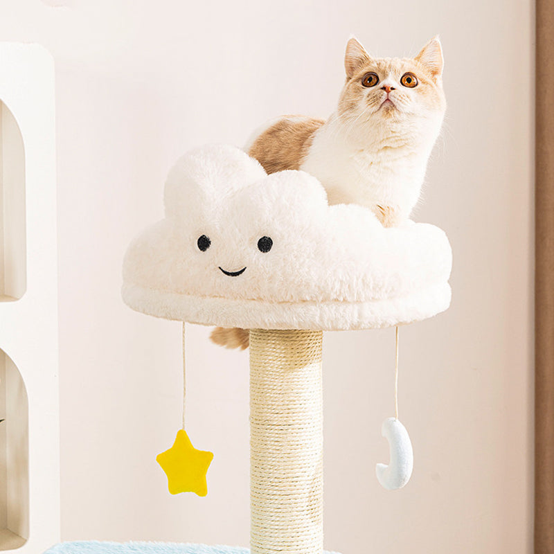 Contemporary Creative Round Particleboard Velvet Fabric Sisal Cloud Cat Tree 2/3-Tier For Living Room Cuvalon