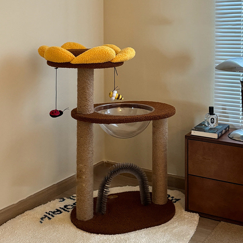 Contemporary Creative Round Particleboard Velvet Fabric Sisal Sunflower Cat Tree 2/3-Tier For Living Room Cuvalon