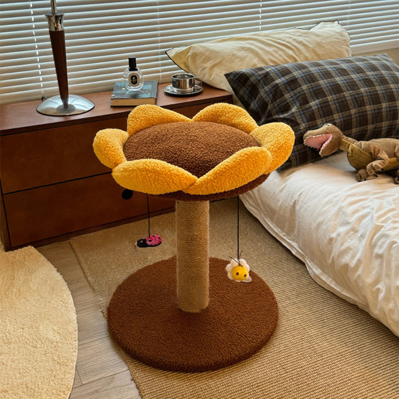Contemporary Creative Round Particleboard Velvet Fabric Sisal Sunflower Cat Tree 2/3-Tier For Living Room Cuvalon