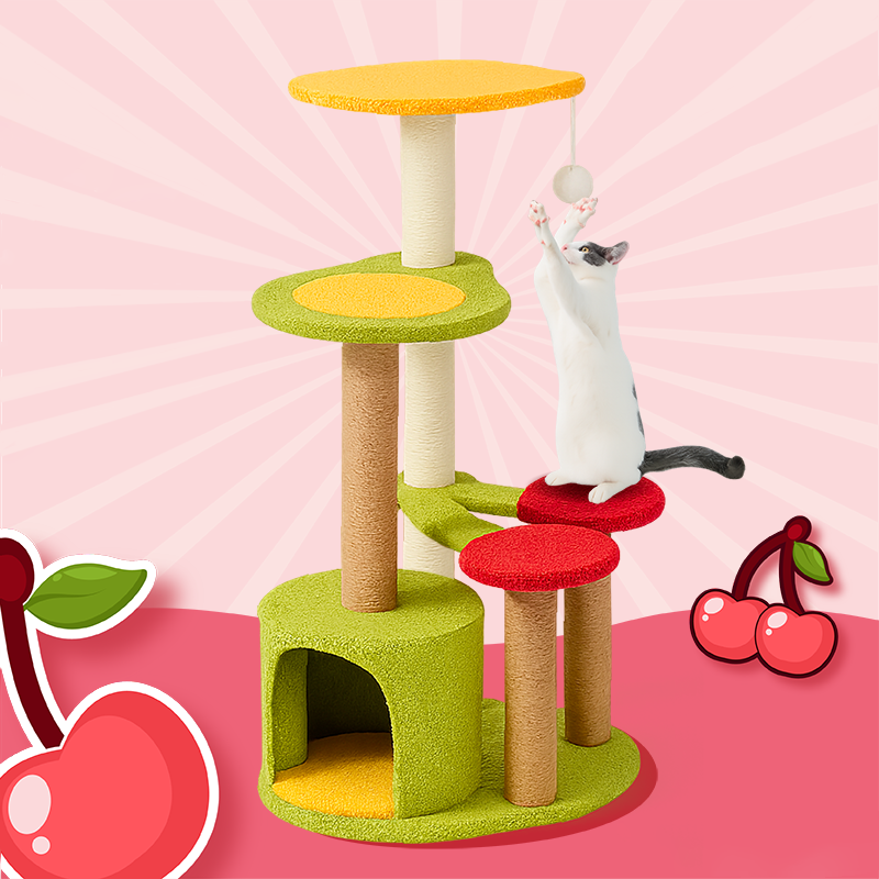 Contemporary Creative Round Medium-Density Fiberboard Velvet Fabric Sisal Cherry Cat Tree 4-Tier For Living Room Cuvalon
