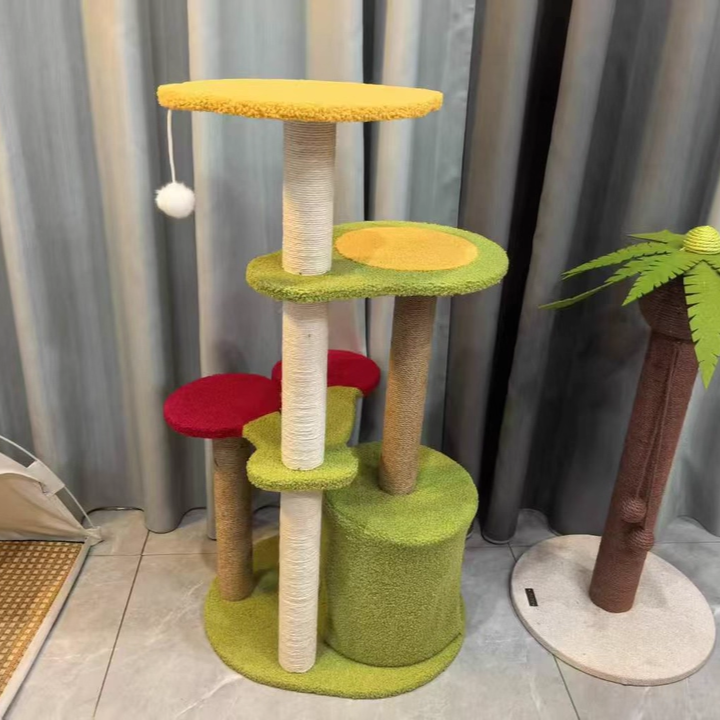 Contemporary Creative Round Medium-Density Fiberboard Velvet Fabric Sisal Cherry Cat Tree 4-Tier For Living Room Cuvalon