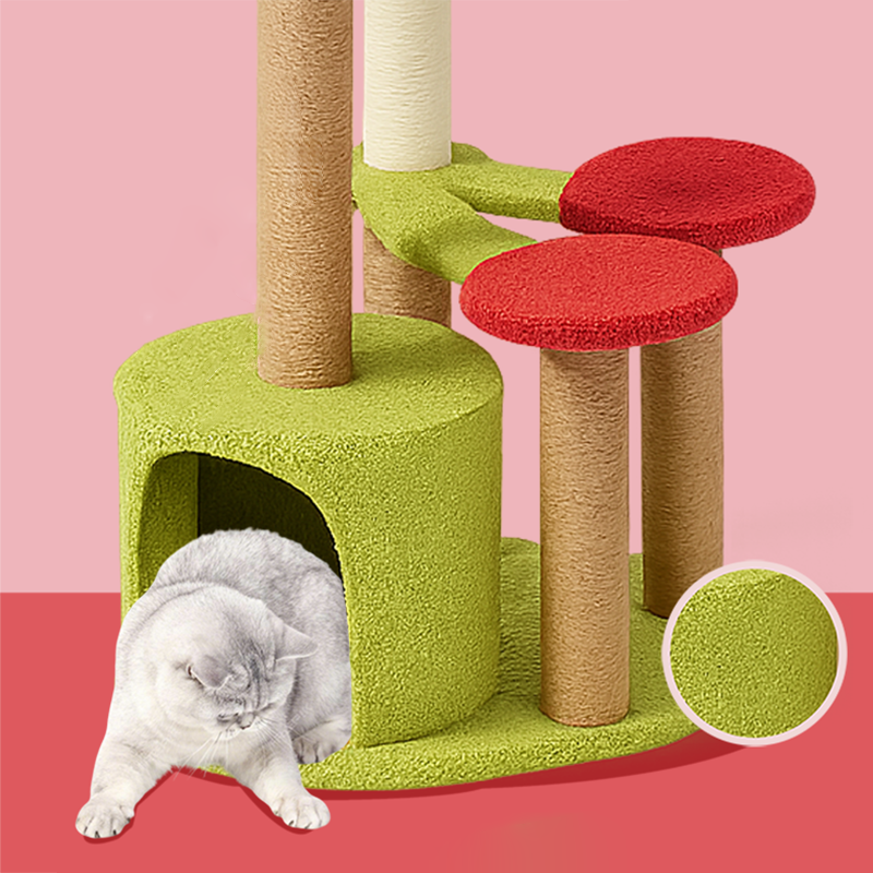 Contemporary Creative Round Medium-Density Fiberboard Velvet Fabric Sisal Cherry Cat Tree 4-Tier For Living Room Cuvalon