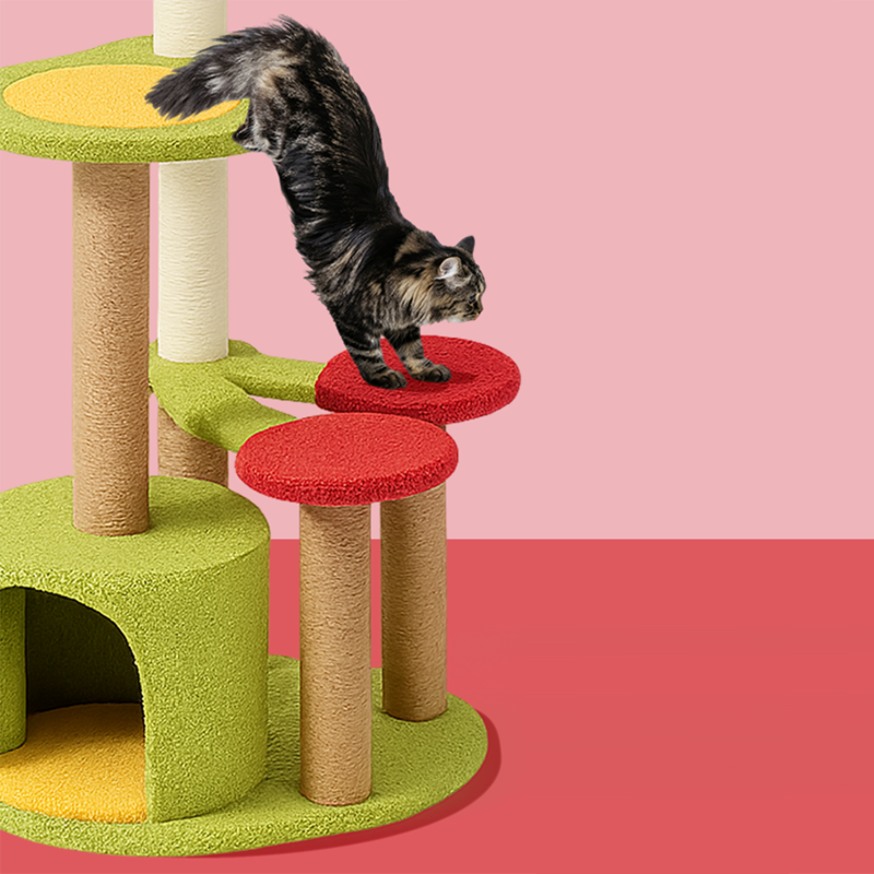 Contemporary Creative Round Medium-Density Fiberboard Velvet Fabric Sisal Cherry Cat Tree 4-Tier For Living Room Cuvalon