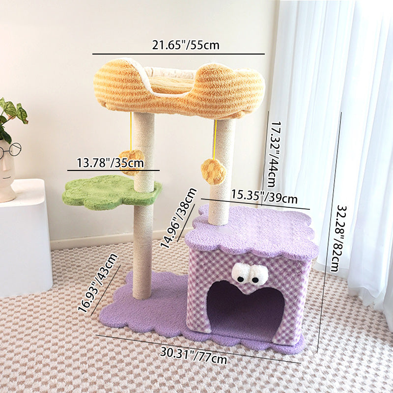 Contemporary Creative Square Particleboard Polyester Fiber Hemp Rope Paper Tube Cat Tree 3-Tier For Living Room Cuvalon