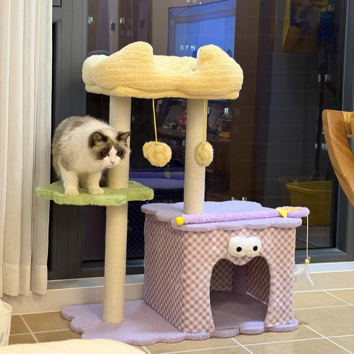 Contemporary Creative Square Particleboard Polyester Fiber Hemp Rope Paper Tube Cat Tree 3-Tier For Living Room Cuvalon