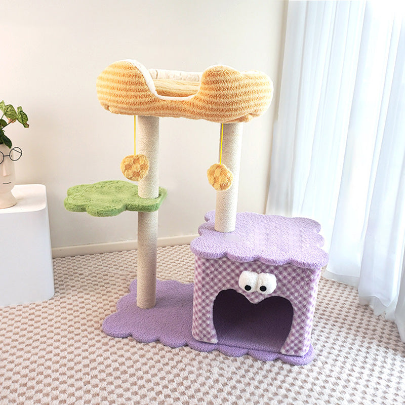 Contemporary Creative Square Particleboard Polyester Fiber Hemp Rope Paper Tube Cat Tree 3-Tier For Living Room Cuvalon