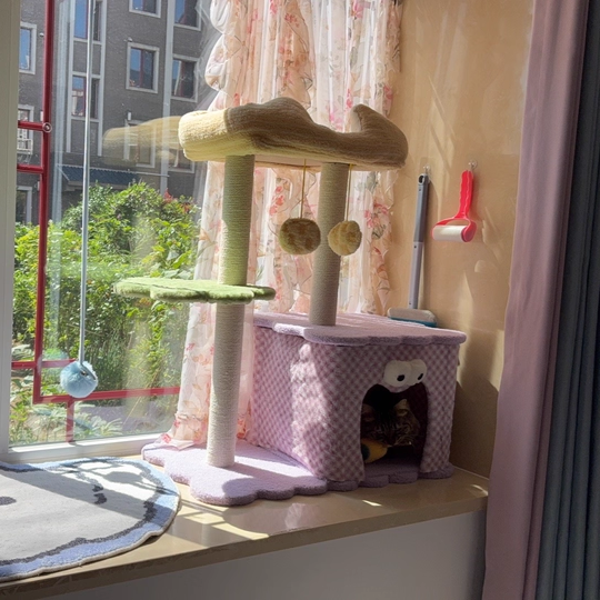 Contemporary Creative Square Particleboard Polyester Fiber Hemp Rope Paper Tube Cat Tree 3-Tier For Living Room Cuvalon
