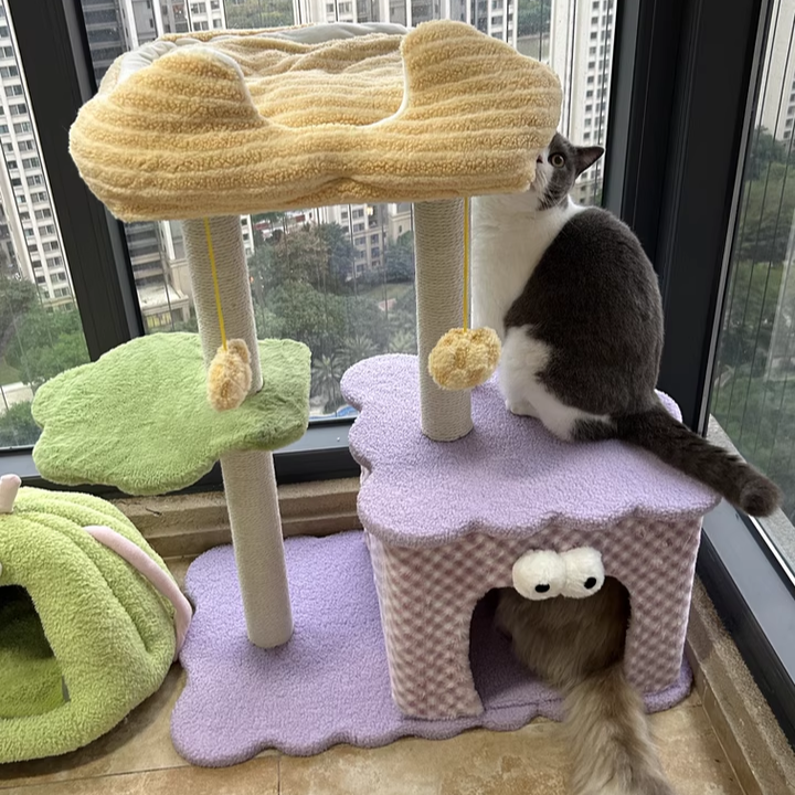 Contemporary Creative Square Particleboard Polyester Fiber Hemp Rope Paper Tube Cat Tree 3-Tier For Living Room Cuvalon