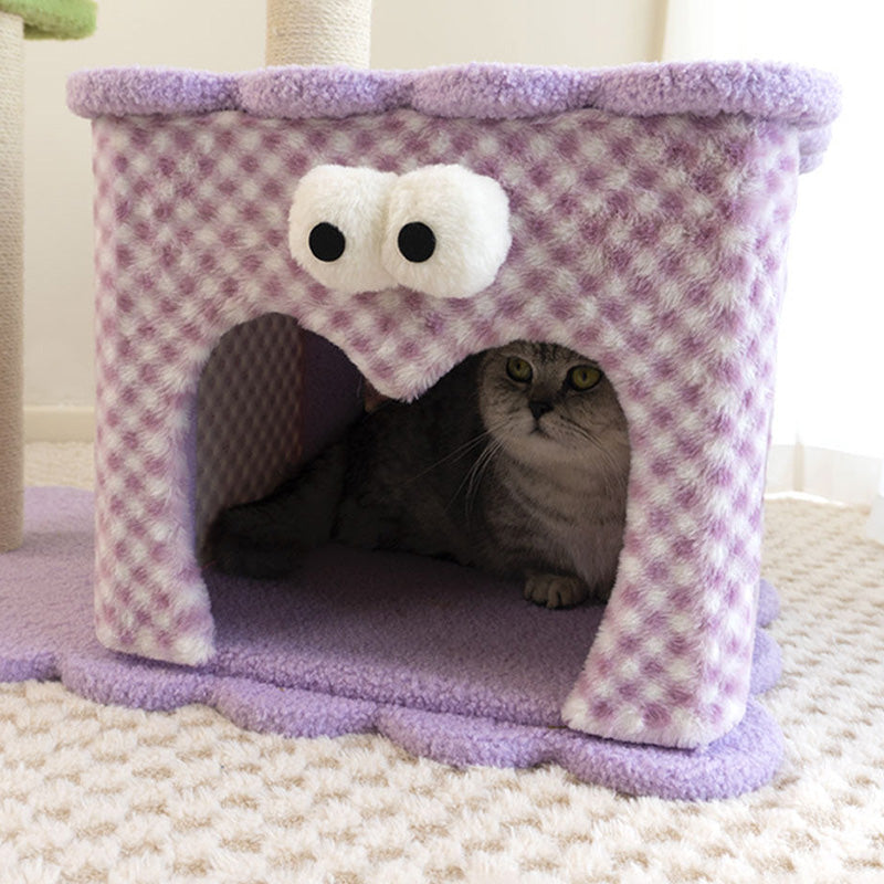 Contemporary Creative Square Particleboard Polyester Fiber Hemp Rope Paper Tube Cat Tree 3-Tier For Living Room Cuvalon