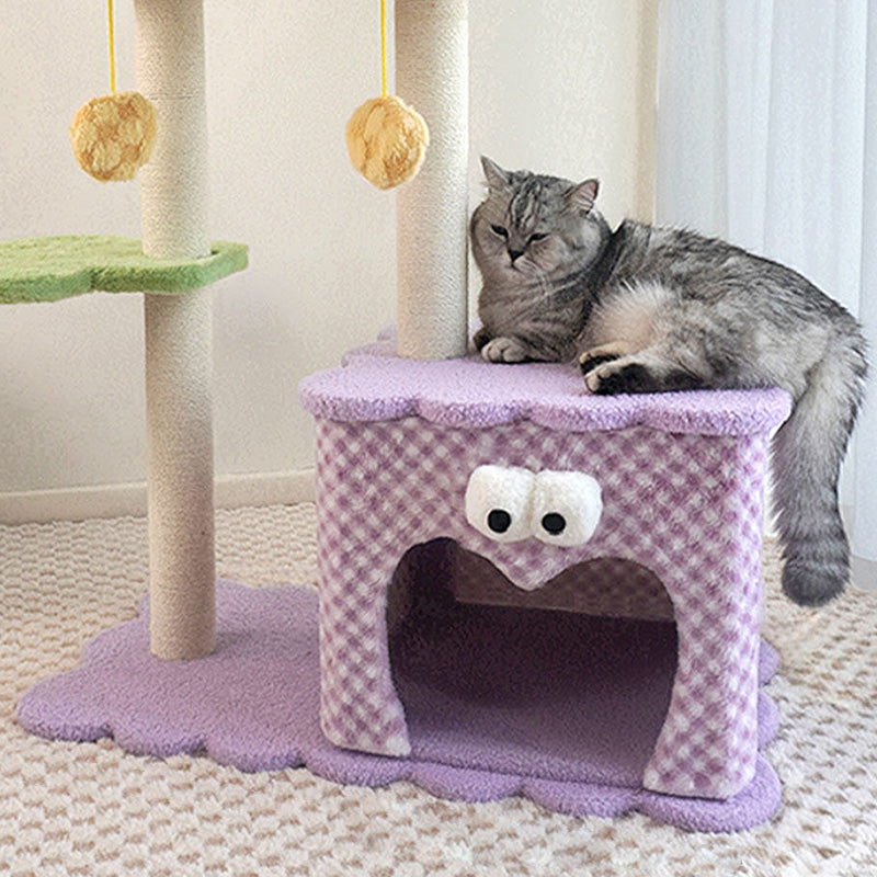 Contemporary Creative Square Particleboard Polyester Fiber Hemp Rope Paper Tube Cat Tree 3-Tier For Living Room Cuvalon
