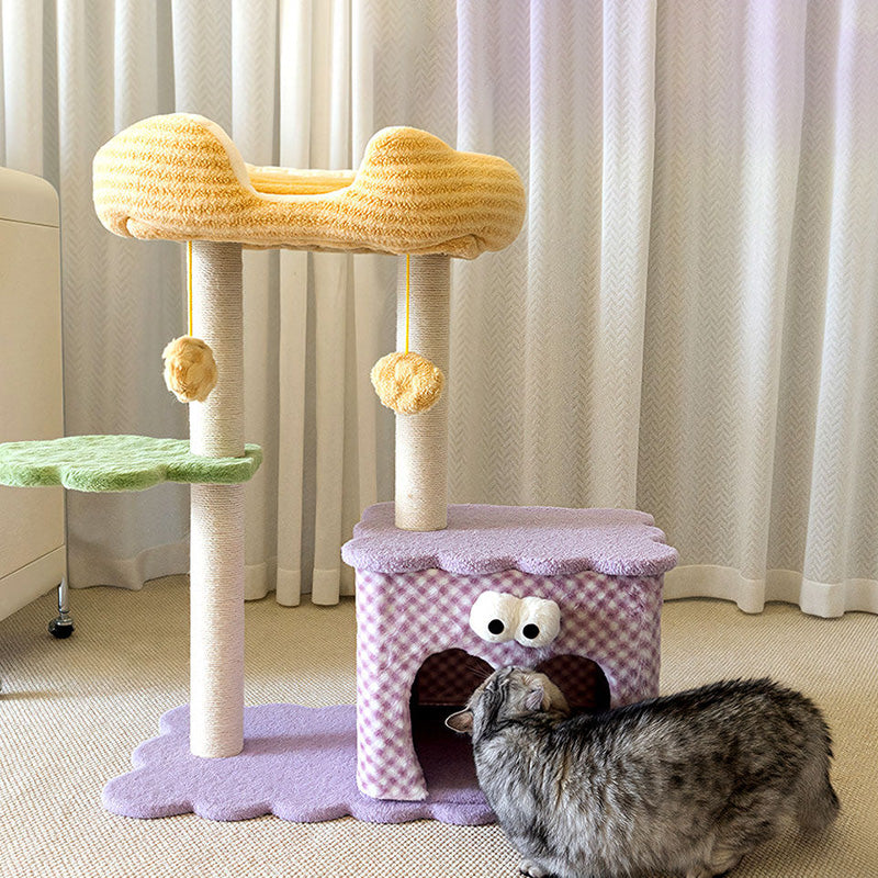Contemporary Creative Square Particleboard Polyester Fiber Hemp Rope Paper Tube Cat Tree 3-Tier For Living Room Cuvalon