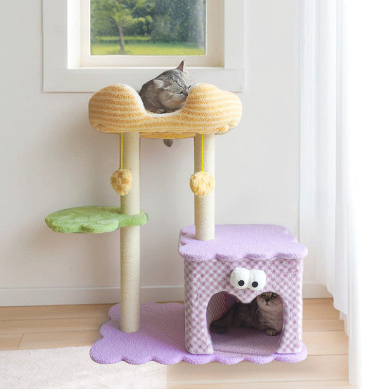 Contemporary Creative Square Particleboard Polyester Fiber Hemp Rope Paper Tube Cat Tree 3-Tier For Living Room Cuvalon