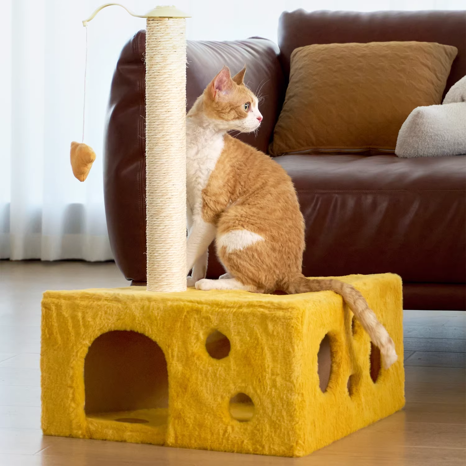 Contemporary Creative Triangle Particleboard Velvet Fabric Sisal Cheese Cat Tree Cat Bed For Bedroom Cuvalon