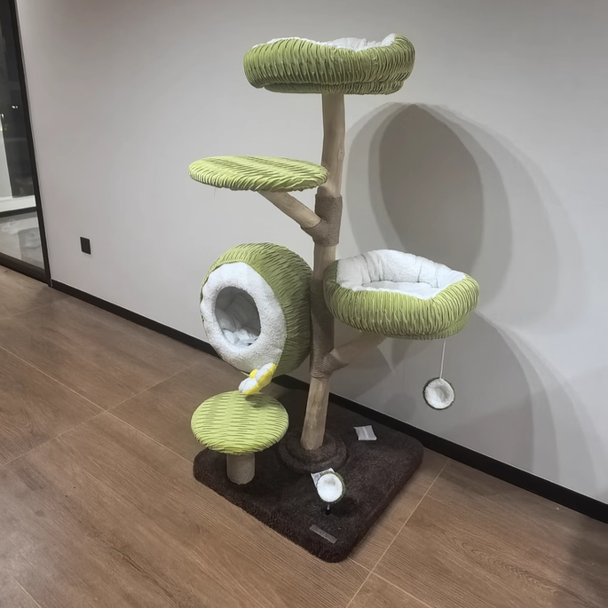 Contemporary Creative Round Natural Fruitwood Particleboard Velvet Fabric Sisal Coconut Cat Tree 5-Tier For Living Room Cuvalon
