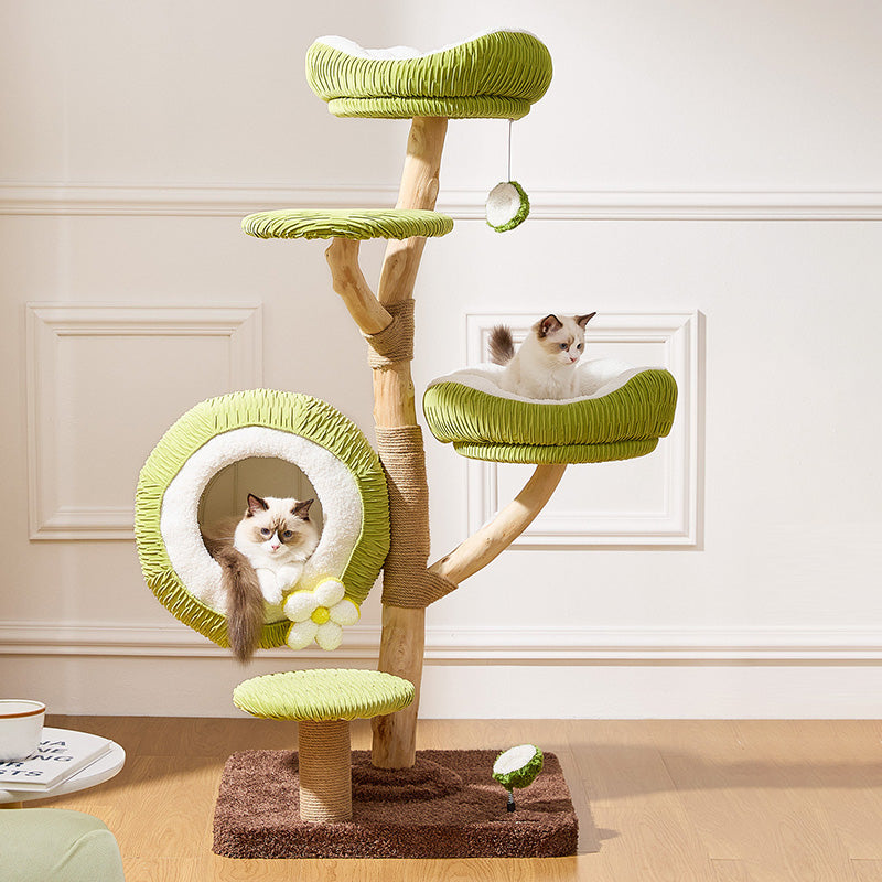 Contemporary Creative Round Natural Fruitwood Particleboard Velvet Fabric Sisal Coconut Cat Tree 5-Tier For Living Room Cuvalon
