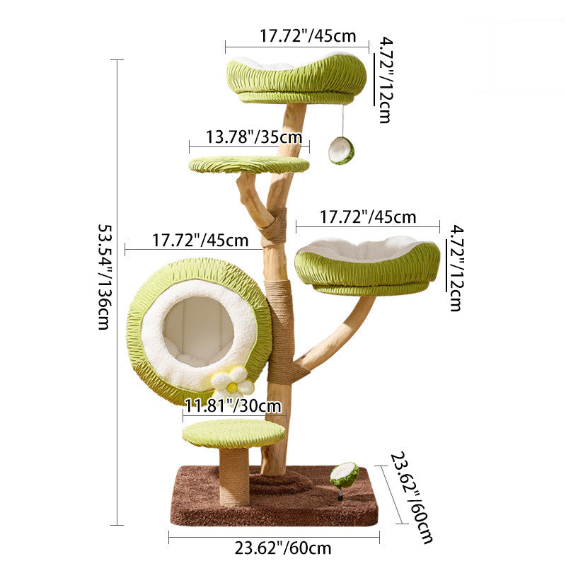 Contemporary Creative Round Natural Fruitwood Particleboard Velvet Fabric Sisal Coconut Cat Tree 5-Tier For Living Room Cuvalon