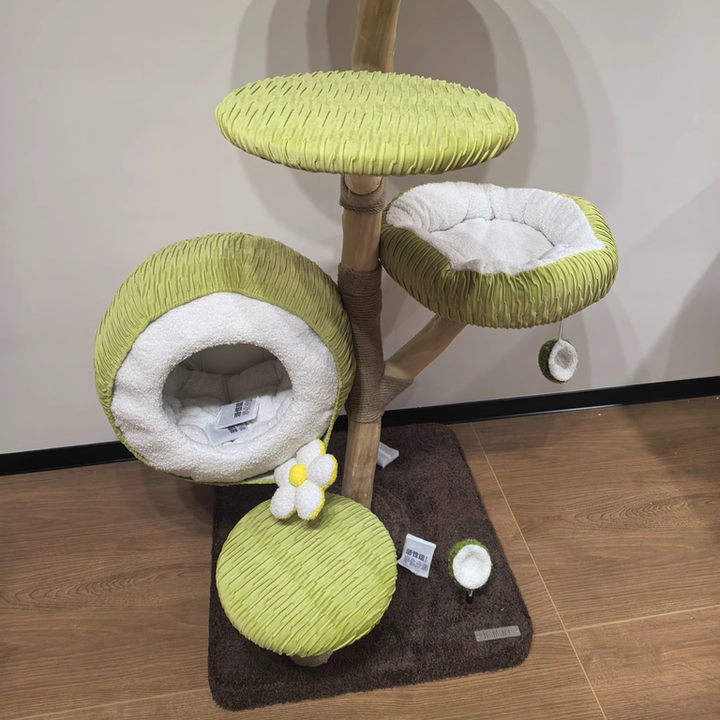 Contemporary Creative Round Natural Fruitwood Particleboard Velvet Fabric Sisal Coconut Cat Tree 5-Tier For Living Room Cuvalon