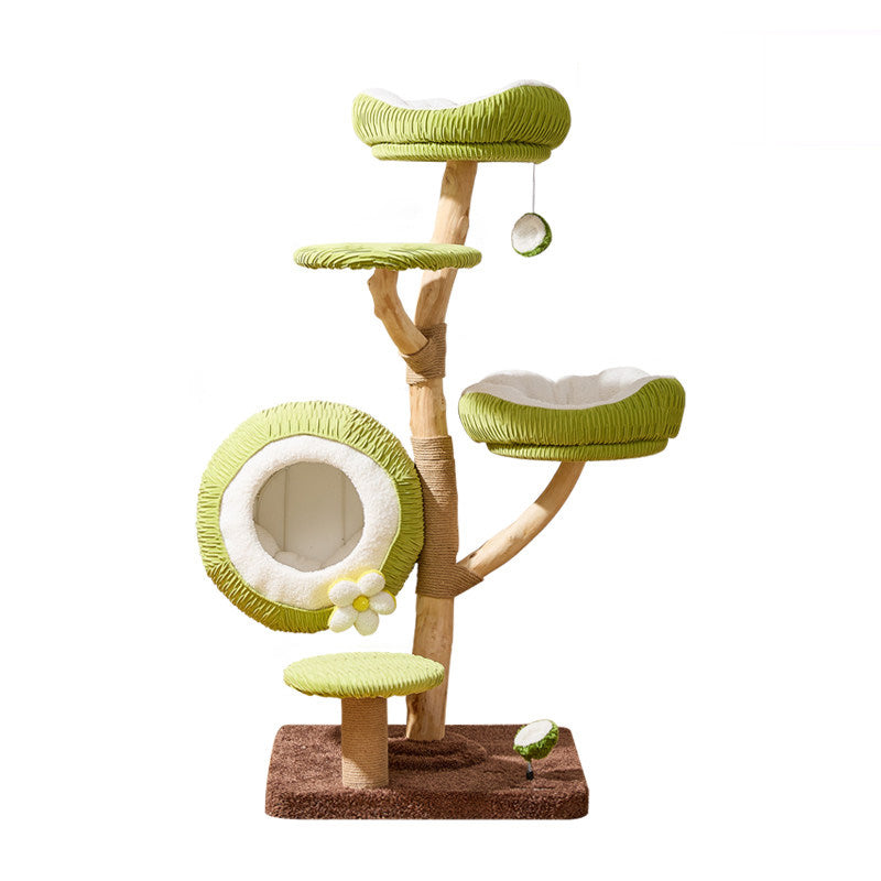 Contemporary Creative Round Natural Fruitwood Particleboard Velvet Fabric Sisal Coconut Cat Tree 5-Tier For Living Room Cuvalon