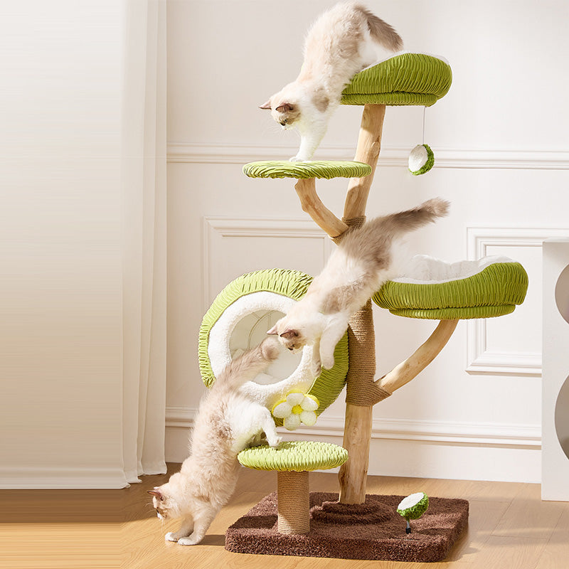 Contemporary Creative Round Natural Fruitwood Particleboard Velvet Fabric Sisal Coconut Cat Tree 5-Tier For Living Room Cuvalon