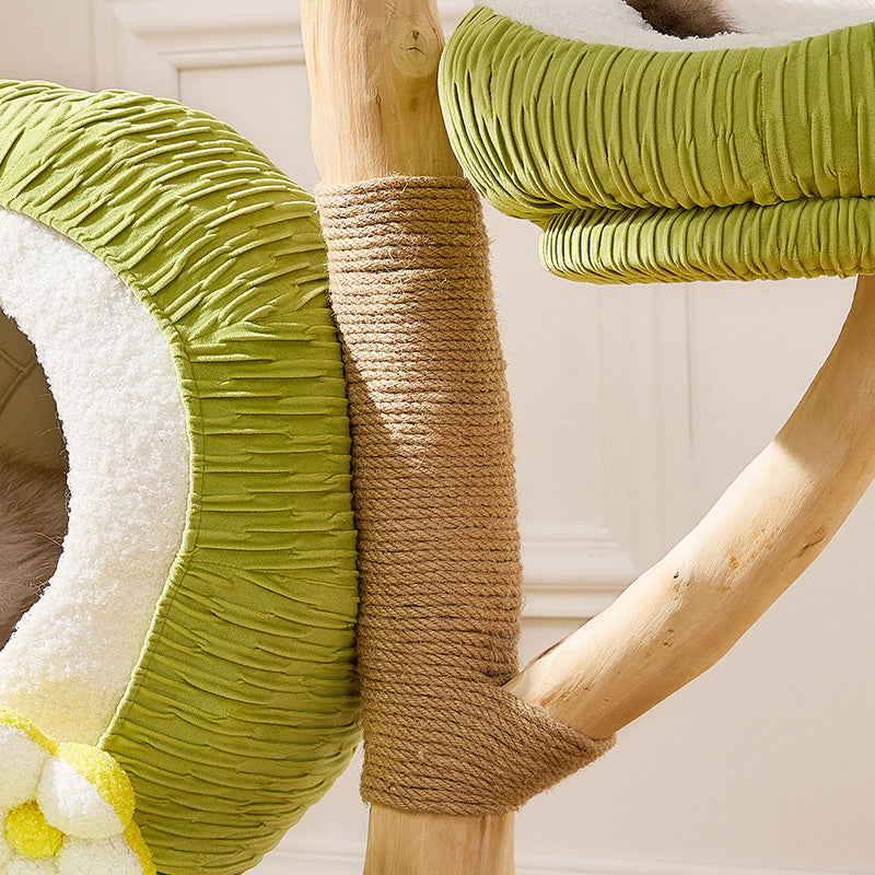 Contemporary Creative Round Natural Fruitwood Particleboard Velvet Fabric Sisal Coconut Cat Tree 5-Tier For Living Room Cuvalon