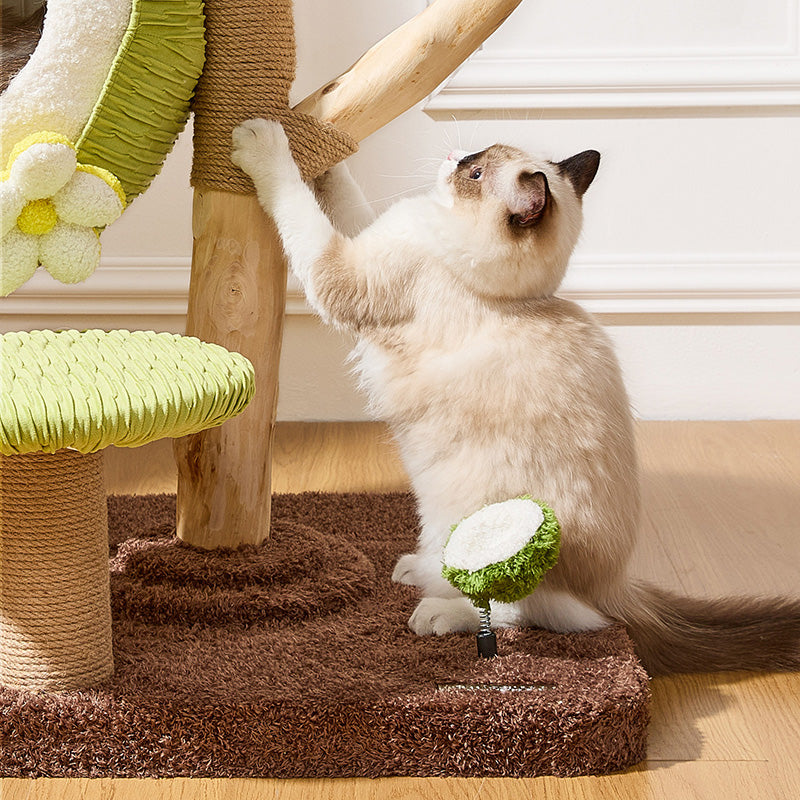 Contemporary Creative Round Natural Fruitwood Particleboard Velvet Fabric Sisal Coconut Cat Tree 5-Tier For Living Room Cuvalon