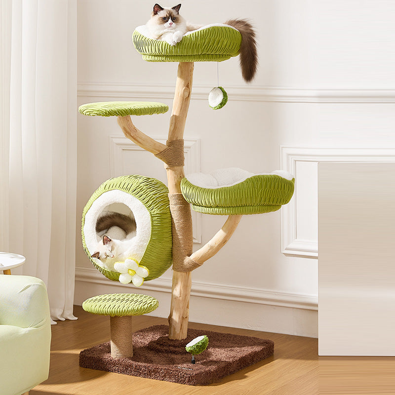 Contemporary Creative Round Natural Fruitwood Particleboard Velvet Fabric Sisal Coconut Cat Tree 5-Tier For Living Room Cuvalon