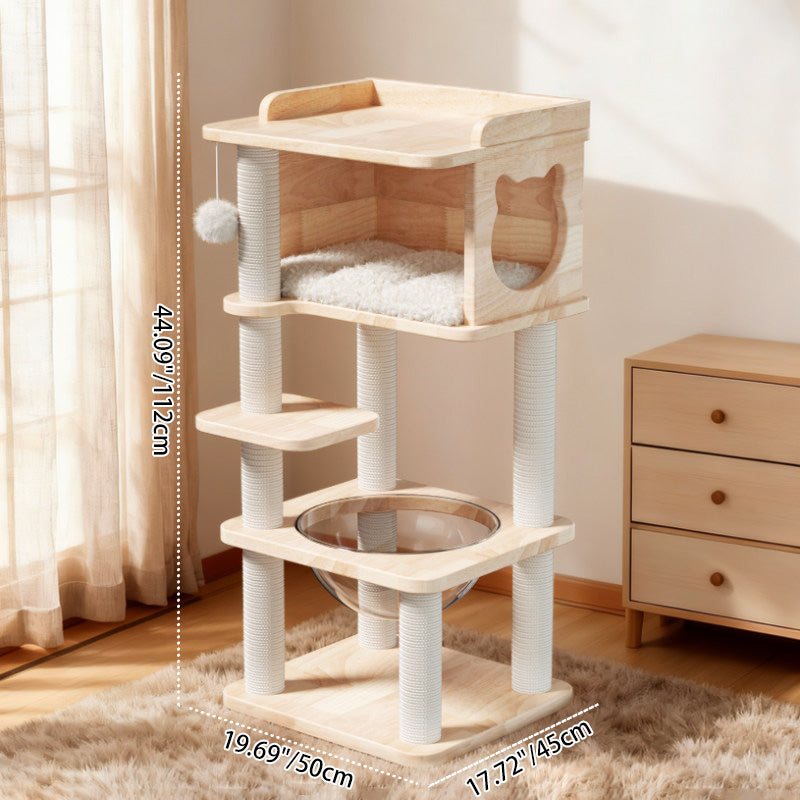 Contemporary Scandinavian Square Pine Solid Wood Board Hemp Rope Paper Tube Cat Tree 4-Tier For Living Room Cuvalon