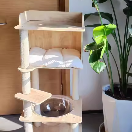 Contemporary Scandinavian Square Pine Solid Wood Board Hemp Rope Paper Tube Cat Tree 4-Tier For Living Room Cuvalon