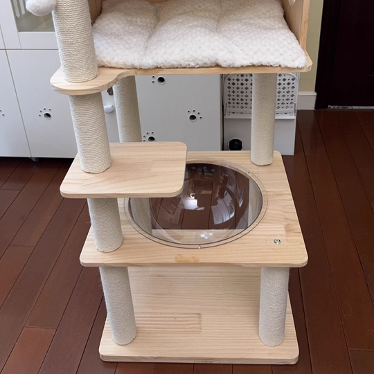 Contemporary Scandinavian Square Pine Solid Wood Board Hemp Rope Paper Tube Cat Tree 4-Tier For Living Room Cuvalon