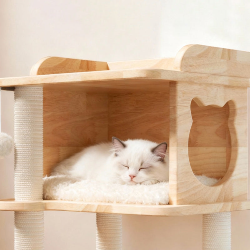 Contemporary Scandinavian Square Pine Solid Wood Board Hemp Rope Paper Tube Cat Tree 4-Tier For Living Room Cuvalon