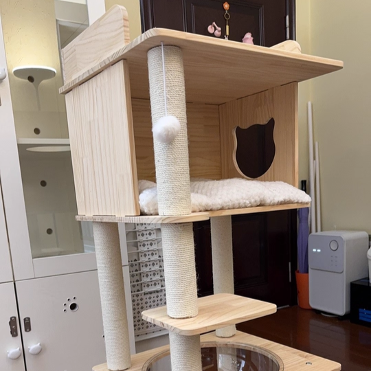 Contemporary Scandinavian Square Pine Solid Wood Board Hemp Rope Paper Tube Cat Tree 4-Tier For Living Room Cuvalon
