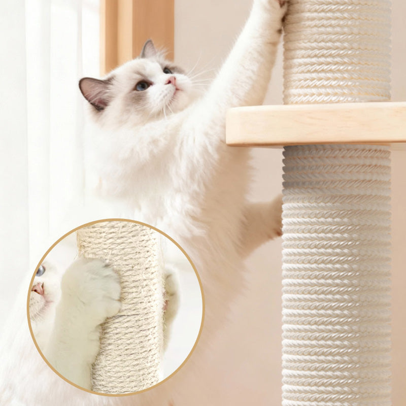 Contemporary Scandinavian Square Pine Solid Wood Board Hemp Rope Paper Tube Cat Tree 4-Tier For Living Room Cuvalon