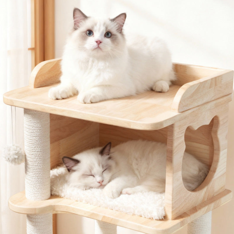 Contemporary Scandinavian Square Pine Solid Wood Board Hemp Rope Paper Tube Cat Tree 4-Tier For Living Room Cuvalon
