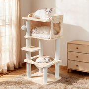 Contemporary Scandinavian Square Pine Solid Wood Board Hemp Rope Paper Tube Cat Tree 4-Tier For Living Room Cuvalon