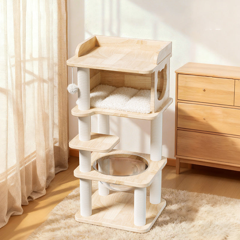 Contemporary Scandinavian Square Pine Solid Wood Board Hemp Rope Paper Tube Cat Tree 4-Tier For Living Room Cuvalon
