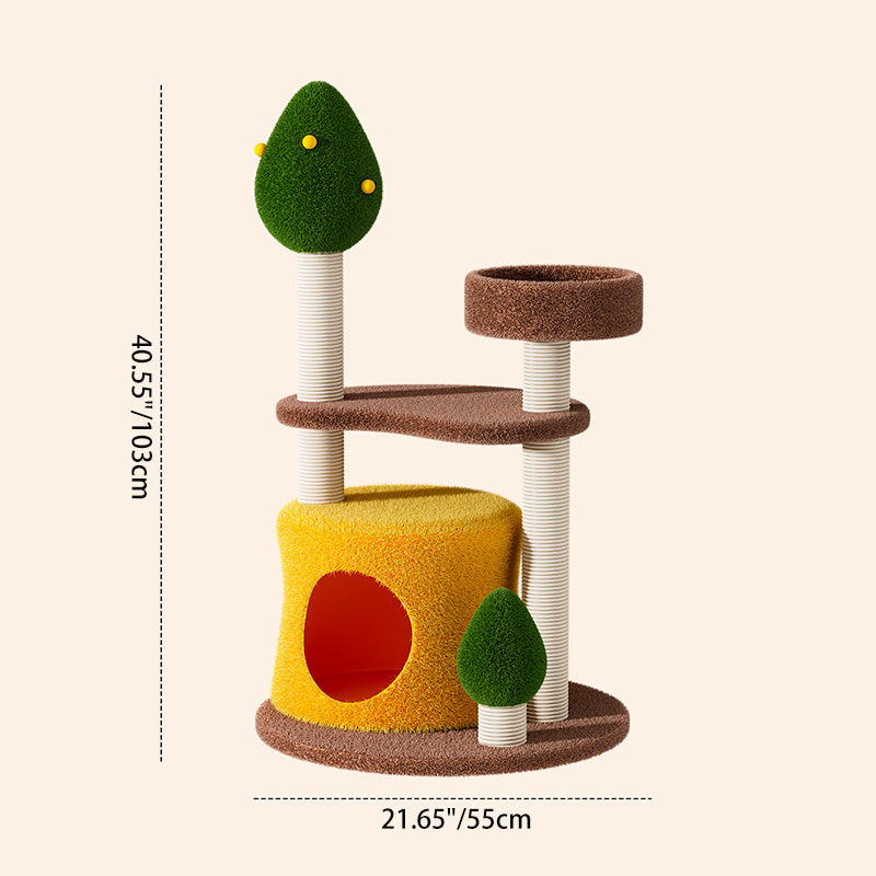 Contemporary Creative Round Medium-Density Fiberboard Sisal Velvet Fabric Cat Tree 3-Tier For Living Room Cuvalon