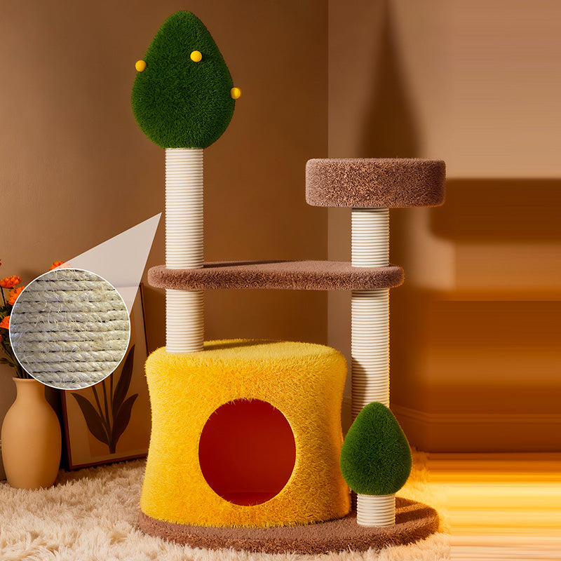 Contemporary Creative Round Medium-Density Fiberboard Sisal Velvet Fabric Cat Tree 3-Tier For Living Room Cuvalon