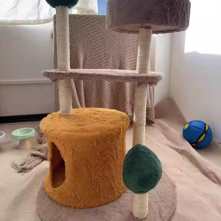 Contemporary Creative Round Medium-Density Fiberboard Sisal Velvet Fabric Cat Tree 3-Tier For Living Room Cuvalon