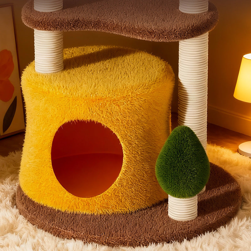 Contemporary Creative Round Medium-Density Fiberboard Sisal Velvet Fabric Cat Tree 3-Tier For Living Room Cuvalon