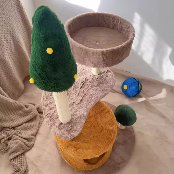 Contemporary Creative Round Medium-Density Fiberboard Sisal Velvet Fabric Cat Tree 3-Tier For Living Room Cuvalon
