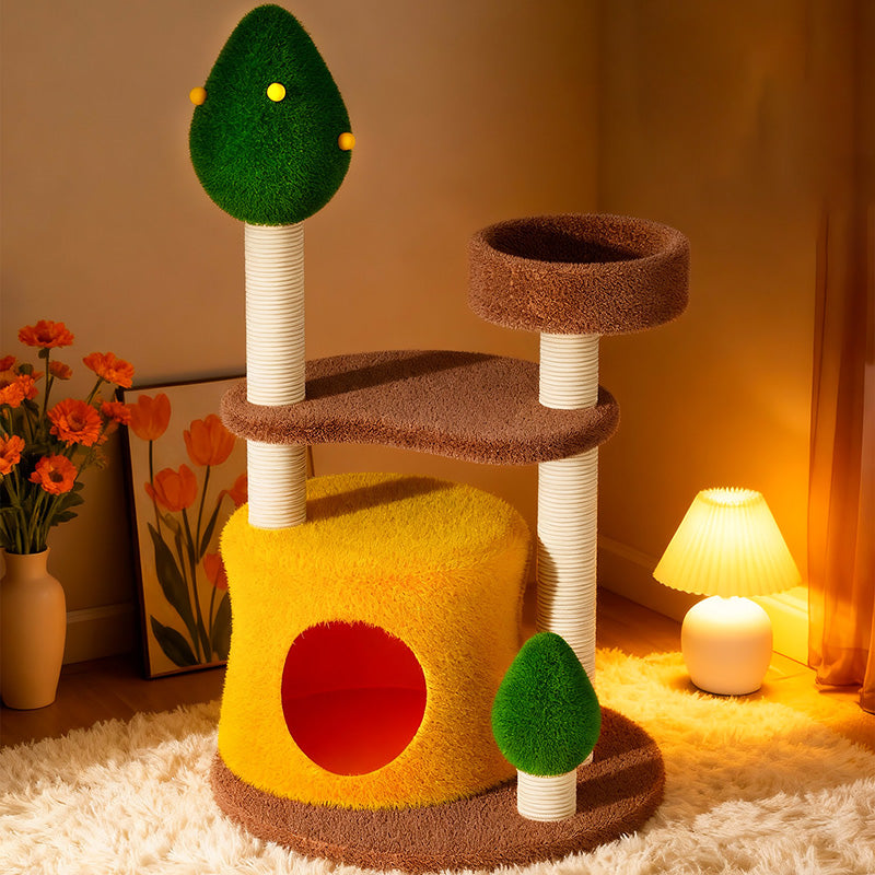 Contemporary Creative Round Medium-Density Fiberboard Sisal Velvet Fabric Cat Tree 3-Tier For Living Room Cuvalon