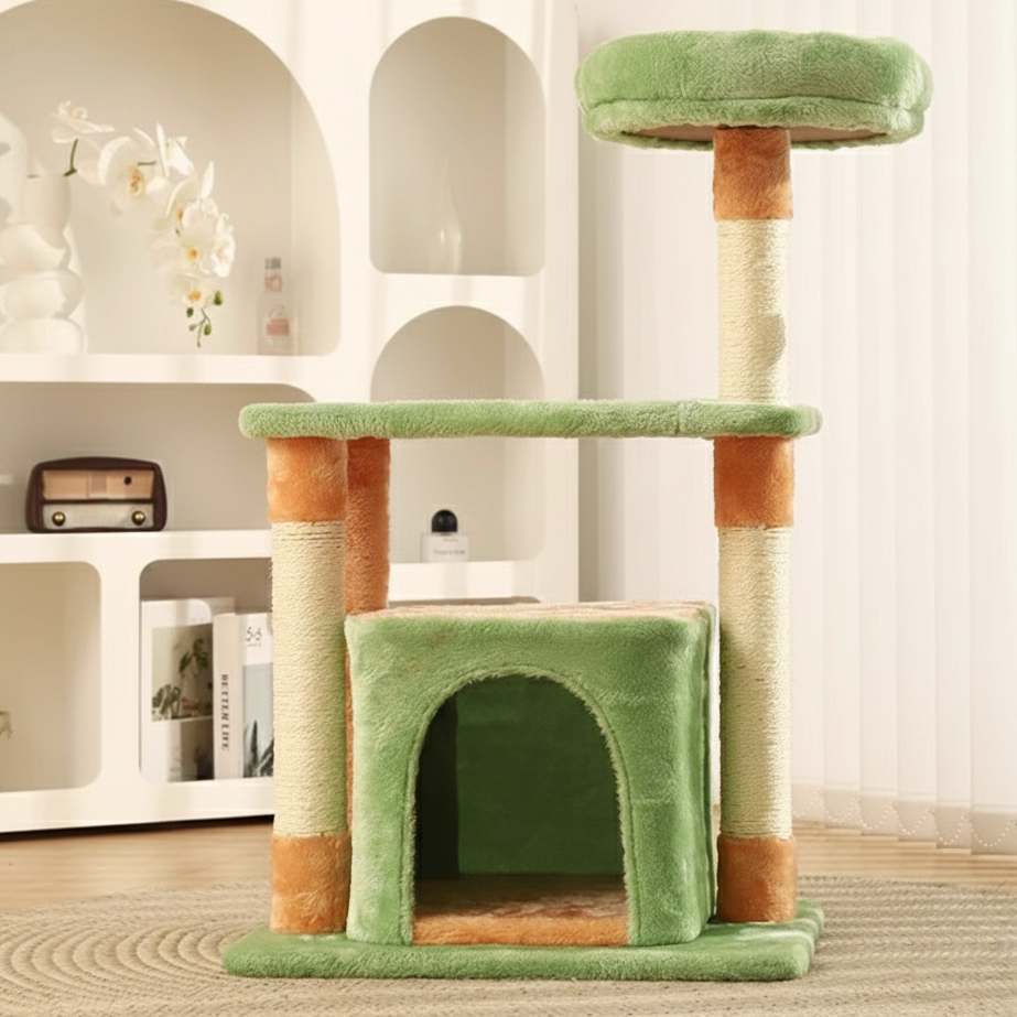 Contemporary Creative Square Particleboard Medium-Density Fiberboard Velvet Fabric Sisal Cat Tree 3-Tier For Living Room Cuvalon