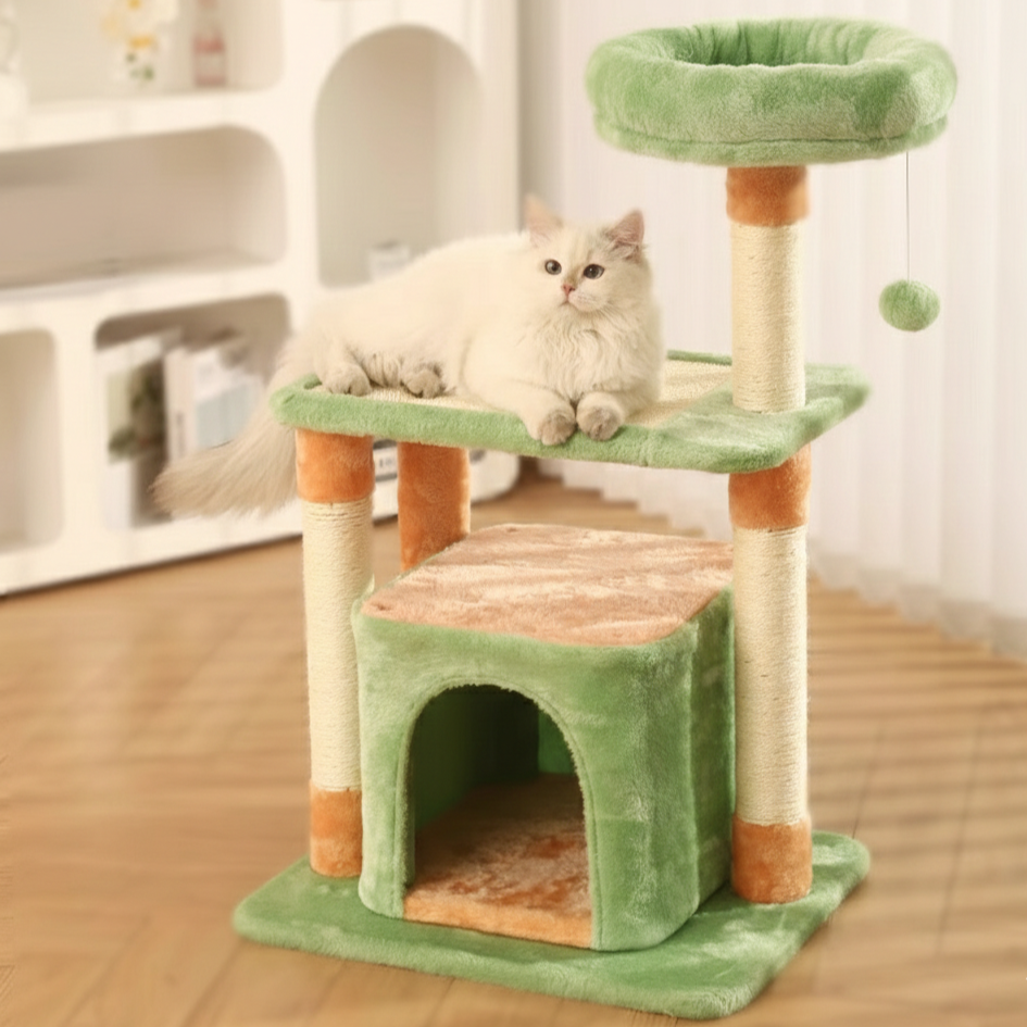 Contemporary Creative Square Particleboard Medium-Density Fiberboard Velvet Fabric Sisal Cat Tree 3-Tier For Living Room Cuvalon