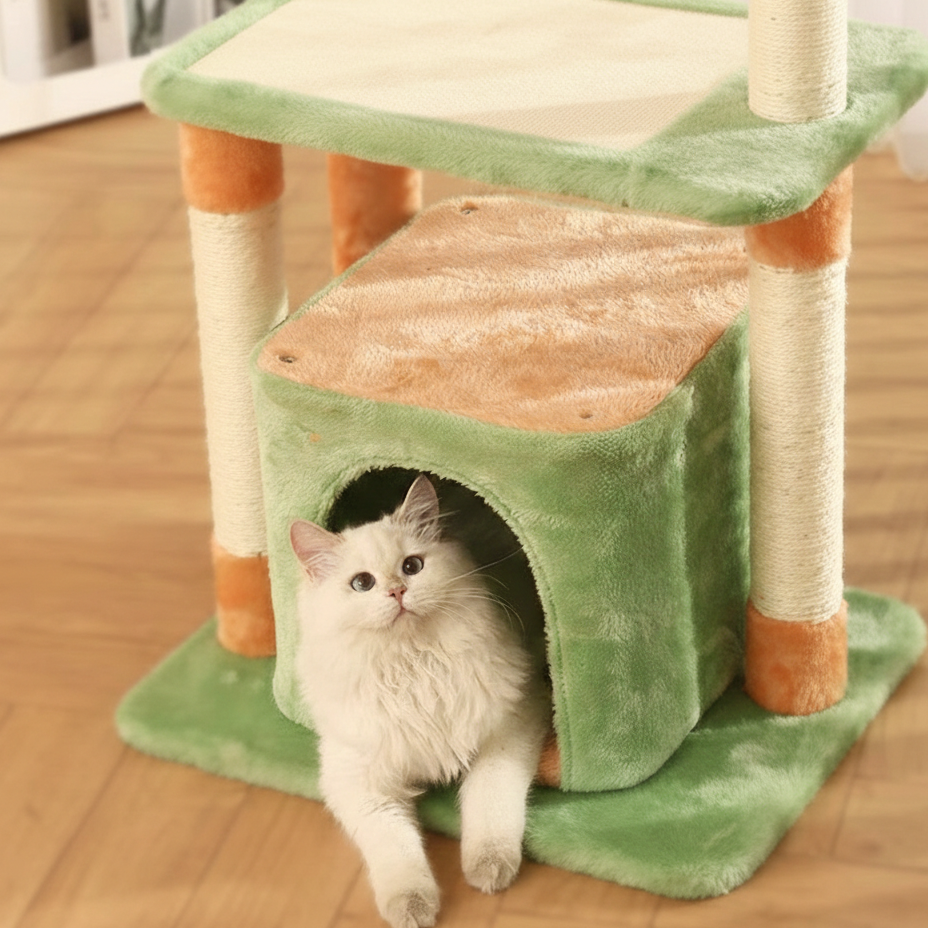 Contemporary Creative Square Particleboard Medium-Density Fiberboard Velvet Fabric Sisal Cat Tree 3-Tier For Living Room Cuvalon
