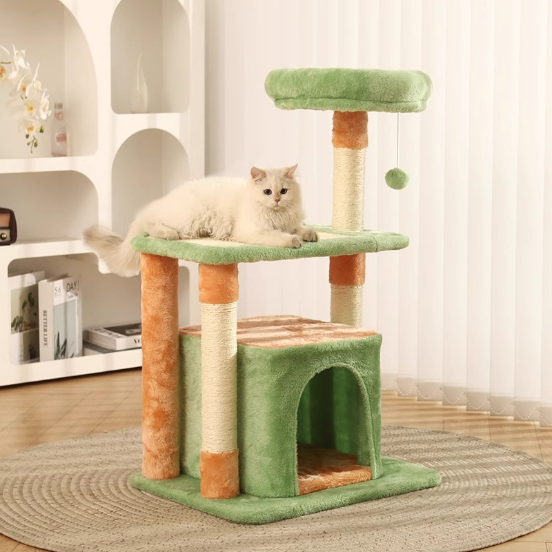 Contemporary Creative Square Particleboard Medium-Density Fiberboard Velvet Fabric Sisal Cat Tree 3-Tier For Living Room Cuvalon