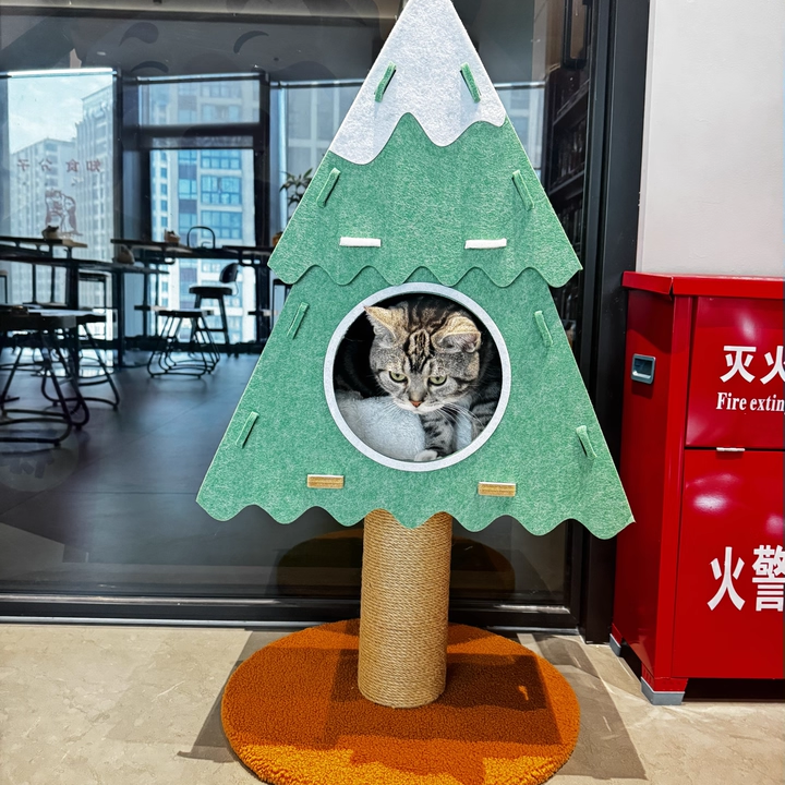 Contemporary Creative Triangle Medium-Density Fiberboard Felt Hemp Rope Christmas Cat Tree 3-Tier For Living Room Cuvalon