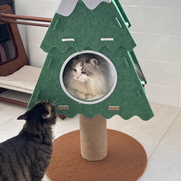 Contemporary Creative Triangle Medium-Density Fiberboard Felt Hemp Rope Christmas Cat Tree 3-Tier For Living Room Cuvalon