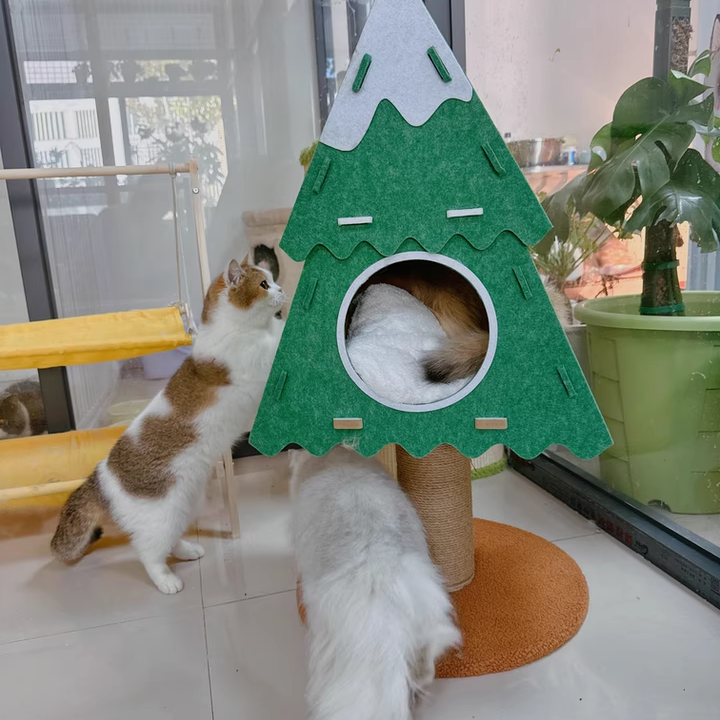 Contemporary Creative Triangle Medium-Density Fiberboard Felt Hemp Rope Christmas Cat Tree 3-Tier For Living Room Cuvalon