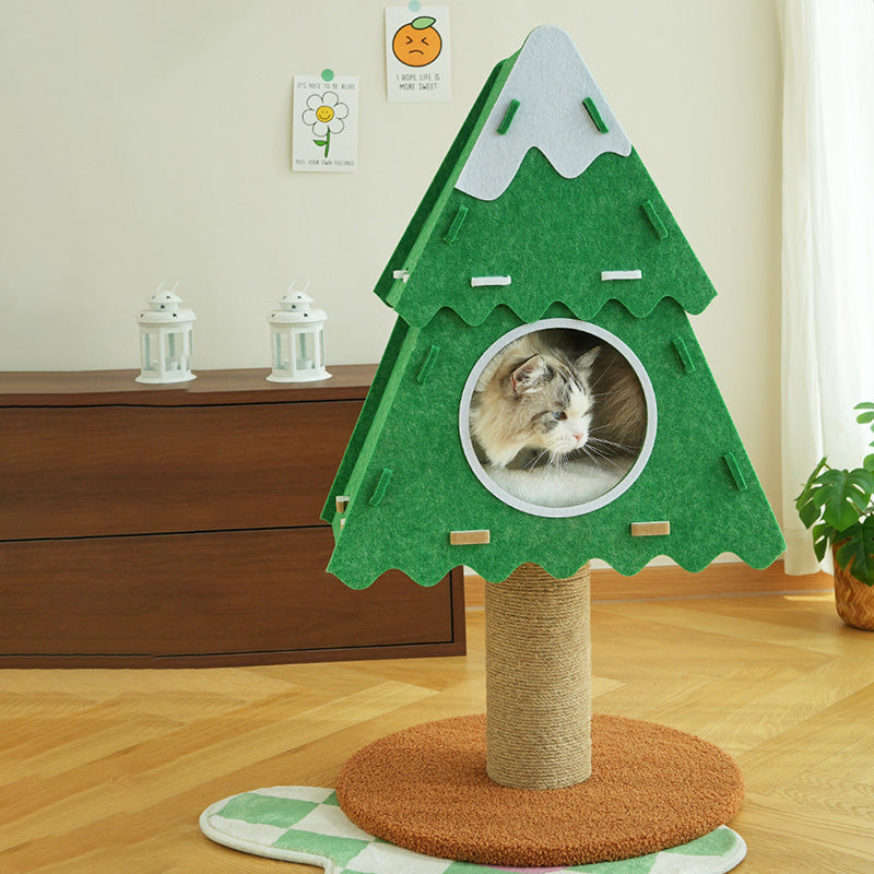 Contemporary Creative Triangle Medium-Density Fiberboard Felt Hemp Rope Christmas Cat Tree 3-Tier For Living Room Cuvalon