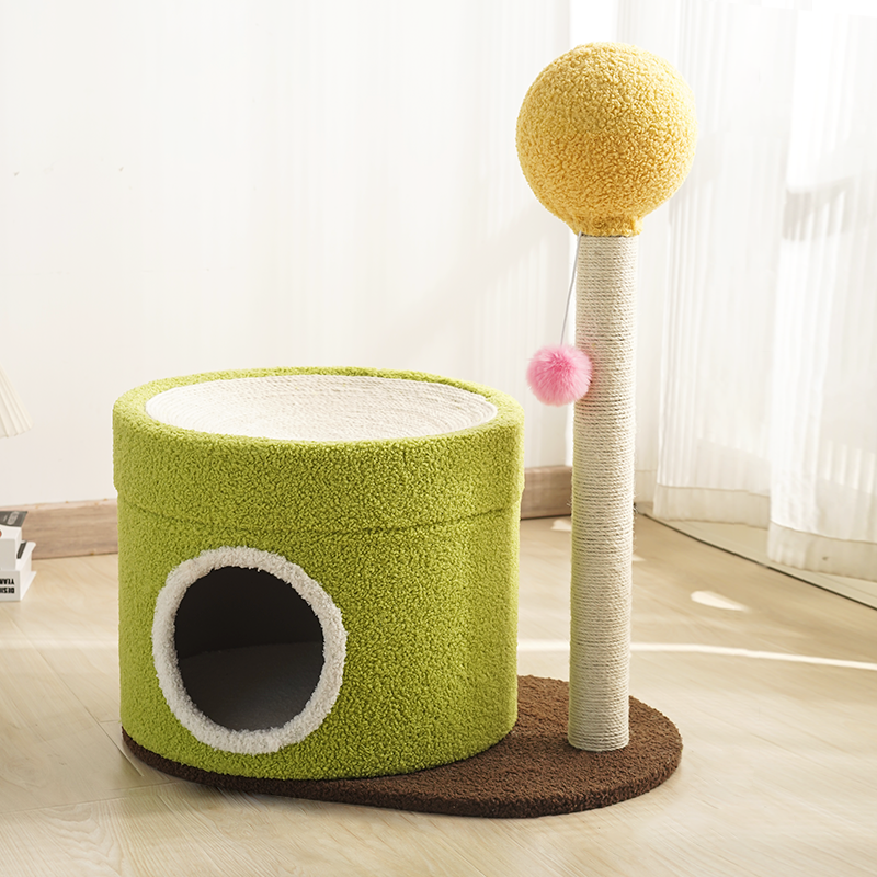 Contemporary Creative Round Medium-Density Fiberboard Paper Tube Velvet Fabric Hemp Rope Cat Tree 2-Tier For Living Room Cuvalon